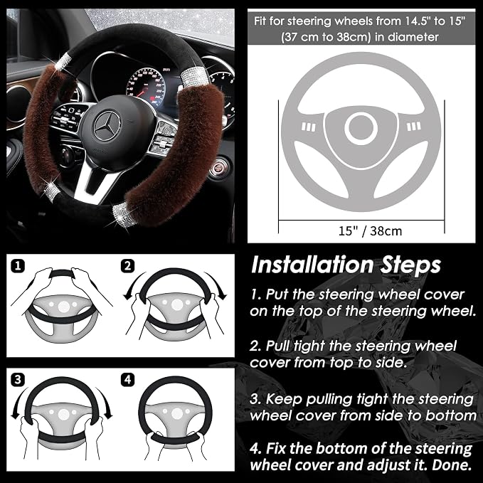 Rhinestone Fluffy Steering Wheel Cover - Comfortable Non-Slip Luxury Faux Wool, Universal Fit for 14.5" to 15" Steering Wheels