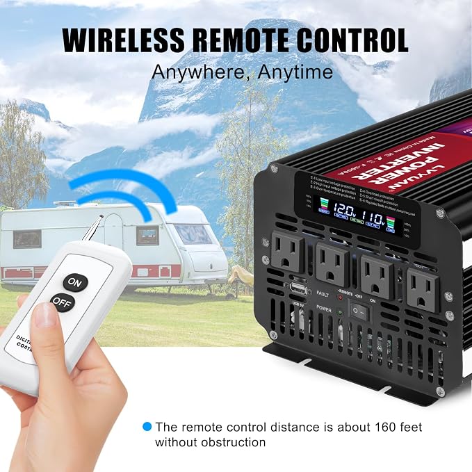3000 Watt Power Inverter 12V to 110V 120V DC to AC with 4 AC Outlets, LCD Display, USB Port & Remote Control for Home, RV, Vehicle, Truck, Off-Grid Solar System, Heavy Duty Outdoor Camping