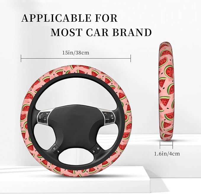 Cute Watermelon Steering Wheel Cover for Women,Universal Auto Steering Wheel 14-15 Inch Car Interior Accessories with 2PCS Car Coasters,Suitable for Men and Women
