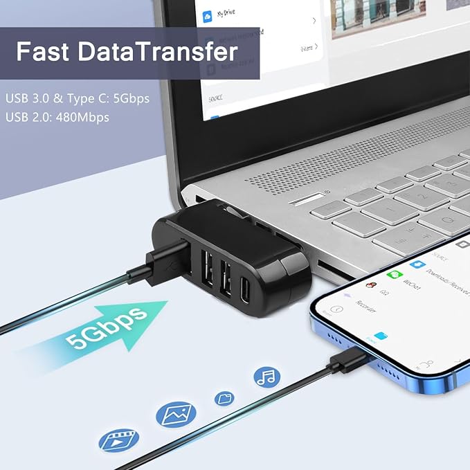 4-Port USB C Hub [90°/180° Degree Rotatable], USB C Adapter Splitter with PD-in 5W Port, USB Extender for MacBook, iMac, Surface, and More C Port Laptop(Not for Car)