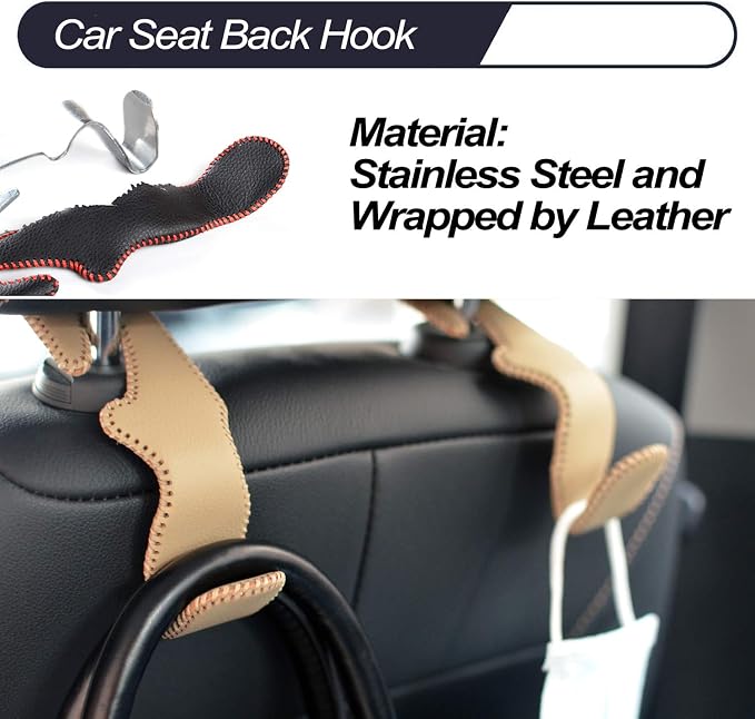 Car Seat Headrest Hooks for Car Back Seat Organizer Hanger Storage Hook Holder for Car SUV Organization Purse Shopping Groceries Bag Handbag, Beige, 2 Pack