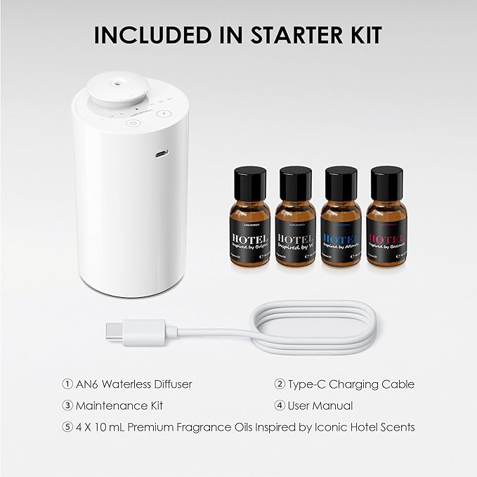 Waterless Essential Oil Diffuser Starter Kit with 4 x 10mL Hotel Scent Fragrance Oil, Battery Operated Mini Scent Air Machine Portable Diffuser for Home Car Office, AN6Kit-04 White