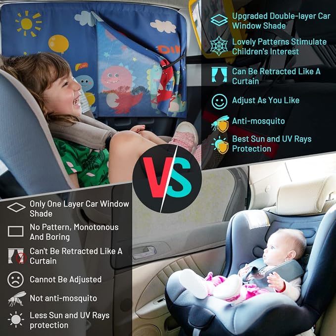 Car Window Shades, 2 PCS Magnetic Double Layer Sun Shade, Side Windows Privacy, Full Covers/Half Shade Options, Cute Dinosaurs, Compatible with Car, SUV, Minivan