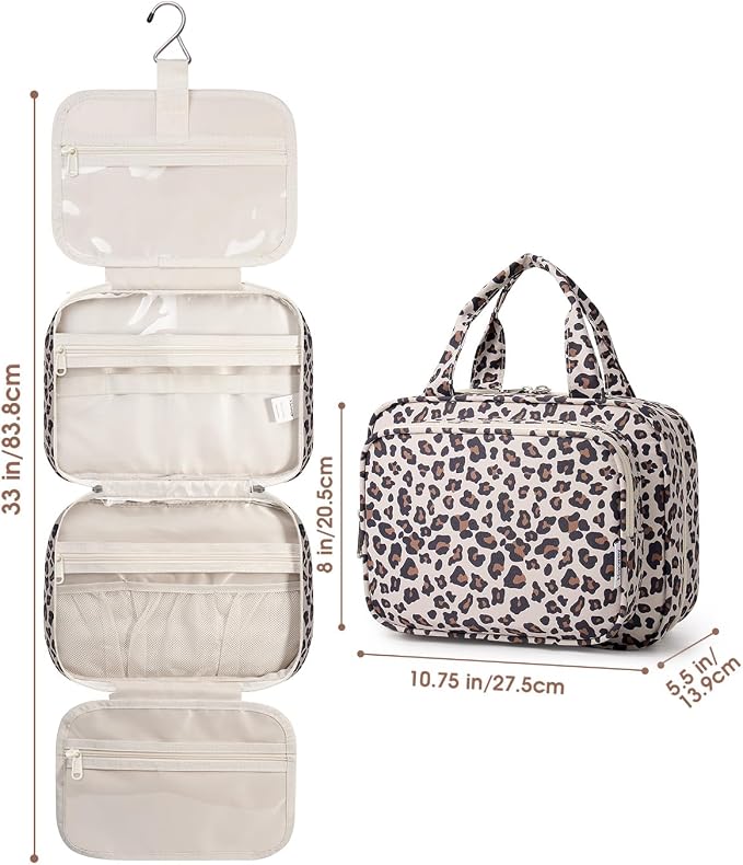Hanging Toiletry Bag for Women, Travel Makeup Bag Organizer, Dry Wet Separation, Portable Bathroom Travel Bag for Toiletries, Cosmetics, Essentials, Brushes (Leopard)