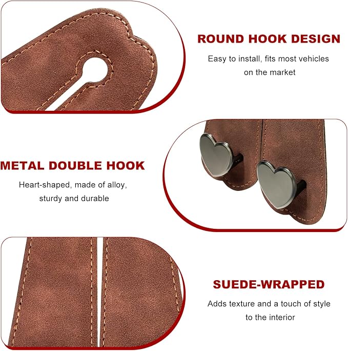 2 PCS Car Seat Headrest Hook, Suede Heart Shape Auto Double Seat Back Purse Storage Hook, Cute Backseat Organizer Universal Bag Holder Most Vehicles, Car Accessories (Brown)