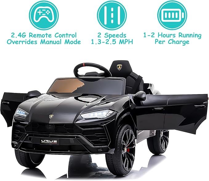 Electric Car for Kids 12V Licensed Lamborghini Ride On Car with Remote Control,Max Speed 2.5Mph,LED Lights,Music Players,Opening Doors,Spring Suspension,Toddler Cars to Drive (Black)