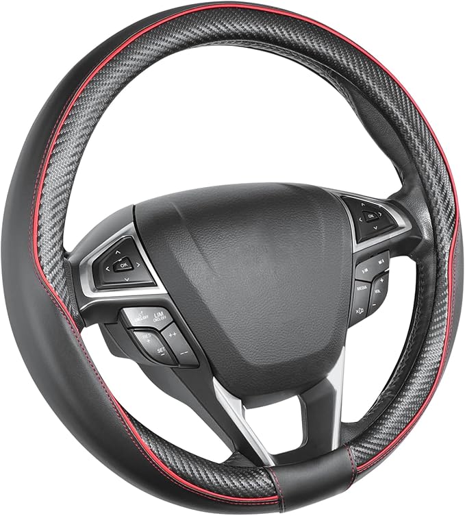 Car Steering Wheel Cover Universal Standard Size 14 1/2"-15" Leather with Carbon Fiber Pattern Black and Red