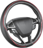 Car Steering Wheel Cover Universal Standard Size 14 1/2"-15" Leather with Carbon Fiber Pattern Black and Red