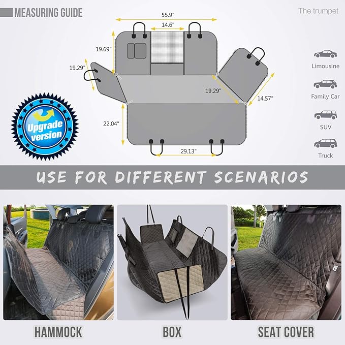 Dog Car Seat Cover for Back Seat, 100% Waterproof Back Seat Pet Cover for Dogs with Mesh Window, Scratch Prevent Antinslip Dog Hammock for Car