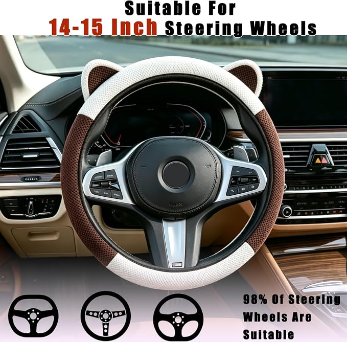 Steering Wheel Cover with Ears Keychain Fit 14-15 inch White Brown | Cute Car Steering Wheel Covers for Women Girls Elastic Breathable Steering Wheel Protector Accessories Universal Size
