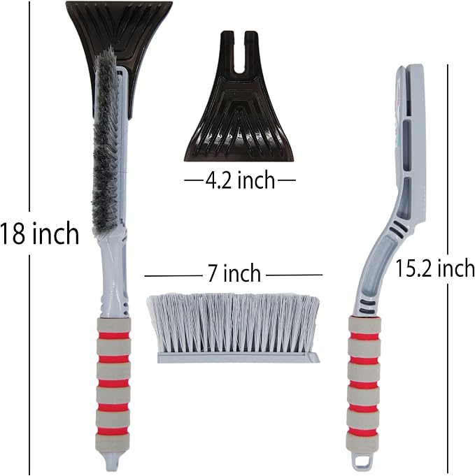 Snow Brush and Ice Scraper 18 Inch, Heavy Duty Car Windshield Snow Removal Tool with Thick Soft Bristles, Scratch Safe ABS Scraper, Anti Slip Foam Grip (Grey)