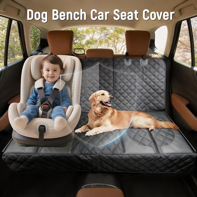 Dog Car Seat Cover for Back Seat, Heavy Duty Nonslip Car Seat Protector for Child Car Seat, Waterproof Bench Seat Cover for Dogs and Kids, Compatible with Armrest, Fits Sedan (Black)