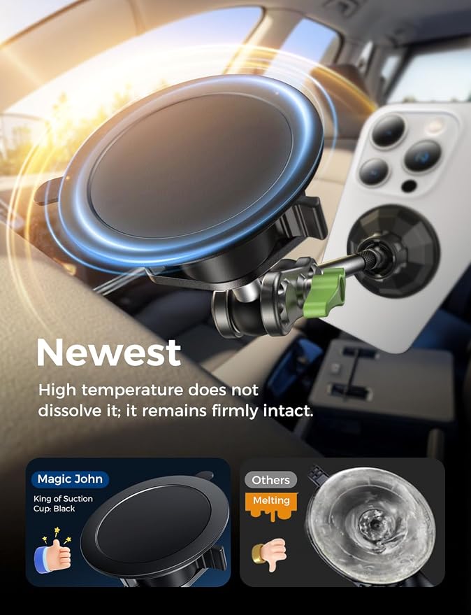 Magnetic Car Phone Holder [Strong Suction&Strong Magnetic] 360° Adjustable Car Phone Mount for Windshield, Ultra-Durable Metal, Suction Cup Car Phone Mount for iPhone Samsung All Smartphone