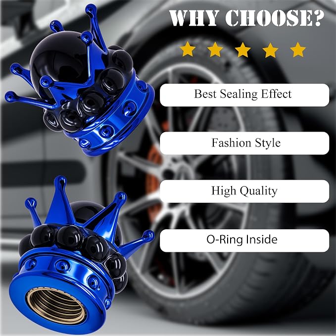 4PCS Crown Bling Tire Stem Valve Caps, Crystal Diamond Tire Air Cap Set Universal Copper Core Stem Covers for Cars, SUV, Trucks, Bikes, Motorcycles, Bicycles (Blue & Black)