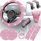 11PCS/Set Bling Car Accessories Set for Women, Rhinestone Vehicle Steering Wheel Cover Seat Belt Cushion Gear Shift Protector Cup Holder Coaster, Universal Automotive Accessories (All Pink)