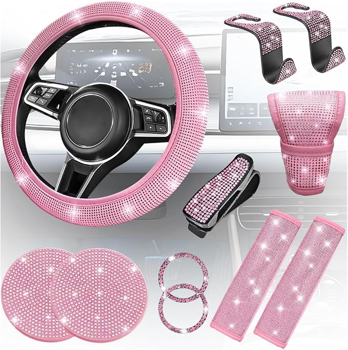 11PCS/Set Bling Car Accessories Set for Women, Rhinestone Vehicle Steering Wheel Cover Seat Belt Cushion Gear Shift Protector Cup Holder Coaster, Universal Automotive Accessories (All Pink)
