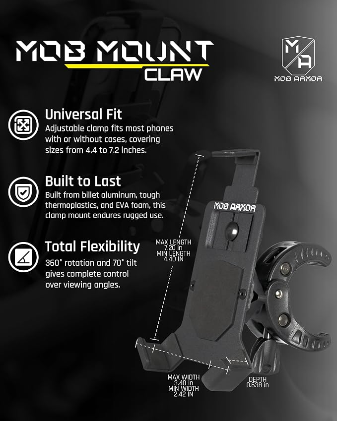 Mob Mount Claw with 360° Rotation - Universal Phone Mounting Clamp for Motorcycle, Jeep, Dirt Bike, Car, ATV, Boat, Truck, Emergency Vehicle - Large, Black