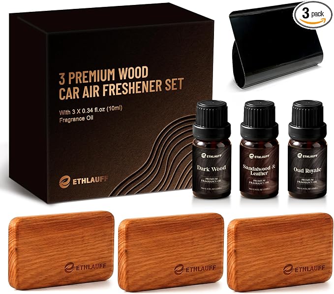 Car Air Freshener - Wood Air Freshener - Pack of 3 (Dark Wood,Sandalwood & Leather,Oud Royale)-CLIP INCLUDED