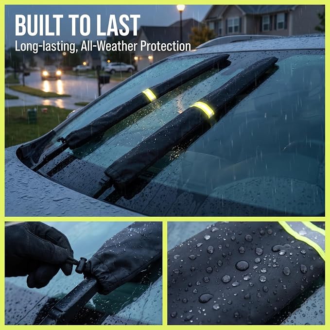 2Pcs Windshield Wiper Covers, 210D Heavy Duty Waterproof Wiper Blade Protector for Rain Snow Bird Poop, Universal Fit 25.5" Covers Sleeves with Reflective Strip for Cars, RVs, Trucks