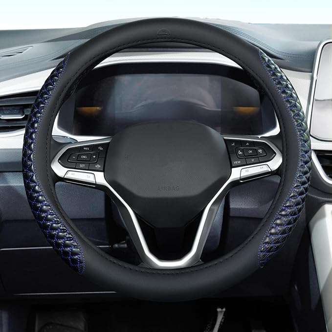 Coverado Car Steering Wheel Cover, Nappa Leather Black & Blueline Steering Wheel Covers, Universal 14-15 inch, Anti-Slip, Breathable Steering Wheel Protector for Women Men