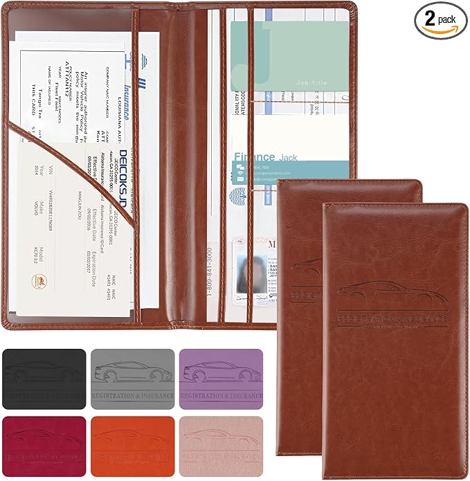 2Pack Car Registration and Insurance Holder,Car Document Holder for Cards License with Magnetic Shut,Vehicle Glove Box Car Organizer for Documents, Cards, License(Brown)