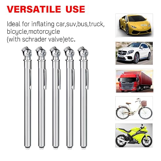 Pencil Tire Pressure Gauge (10-75PSI) Stainless Steel Body and Metal Made Nozzle 3 Measurements for Vehicles (5 Pack)