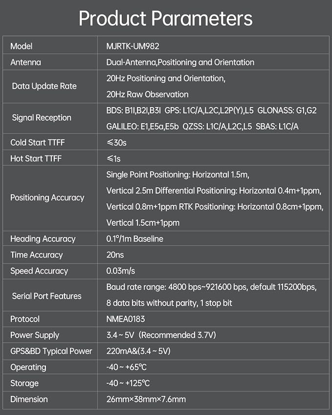 MJ GPS RTK Module, Centimeter-Level high-Precision Tracker, All-Constellation(GPS/BDS/GLONASS/Galileo/QZSS) GNSS Receiver, Real-time Positioning of Vehicles and GPS surveys (MJRTK-UM982)