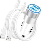 【MFi Certified】iPhone Car Charger Fast Charging, 4.8A Dual USB Smart Power Cigarette Lighter USB Car Charger with 2Pack Lightning Cable for iPhone 14 13 12 11 Pro XS Max XR SE X 8 iPad AirPods
