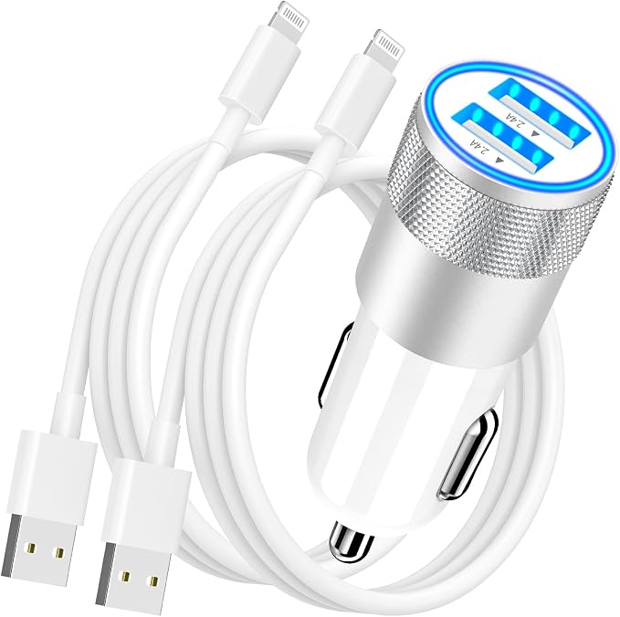 【MFi Certified】iPhone Car Charger Fast Charging, 4.8A Dual USB Smart Power Cigarette Lighter USB Car Charger with 2Pack Lightning Cable for iPhone 14 13 12 11 Pro XS Max XR SE X 8 iPad AirPods