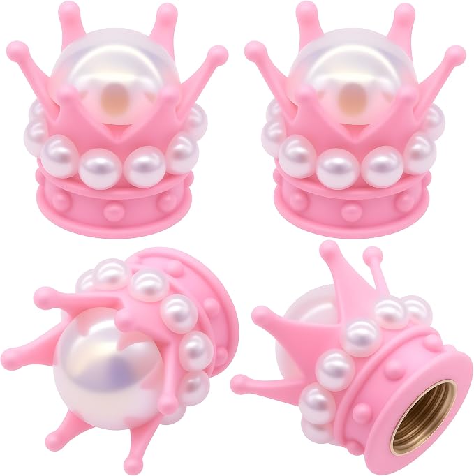 4PCS Crown Bling Tire Stem Valve Caps, Crystal Diamond Tire Air Cap Set Universal Copper Core Stem Covers for Cars, SUV, Trucks, Bikes, Motorcycles, Bicycles (Pink & White)