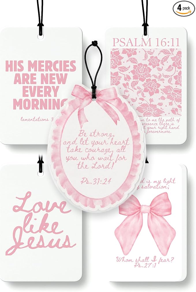 Coquette Pink Bow Christian Shaped Car Air Freshener 5 Pcs | Girly Religious Hanging Air Freshener, Preppy Pink Christian Car Accessories Mirror Decor for Women Teen Girls