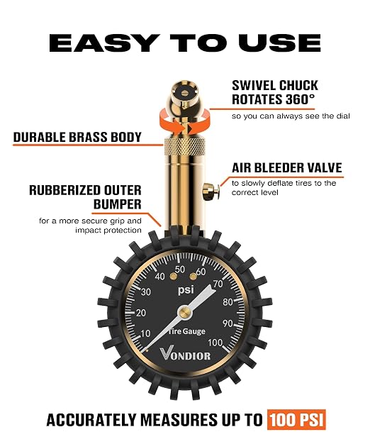 Tire Pressure Gauge (0-100 PSI) Certified ANSI Accurate with Large 2 Inch Easy to Read Glow Dial, Low - High Air Pressure Gauge. Tire Gauge for Car and Trucks Tires