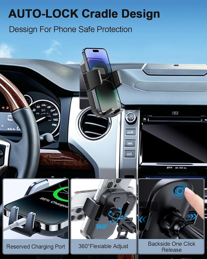 PZK Car Phone Mount for Toyota Tundra 2014-2021 Accessories Custom Air Vent | Auto Lock Car Phone Holder for Tundra Hands Free 360° Rotation One Button Release Fixed Clip Phone Cradles for All phone