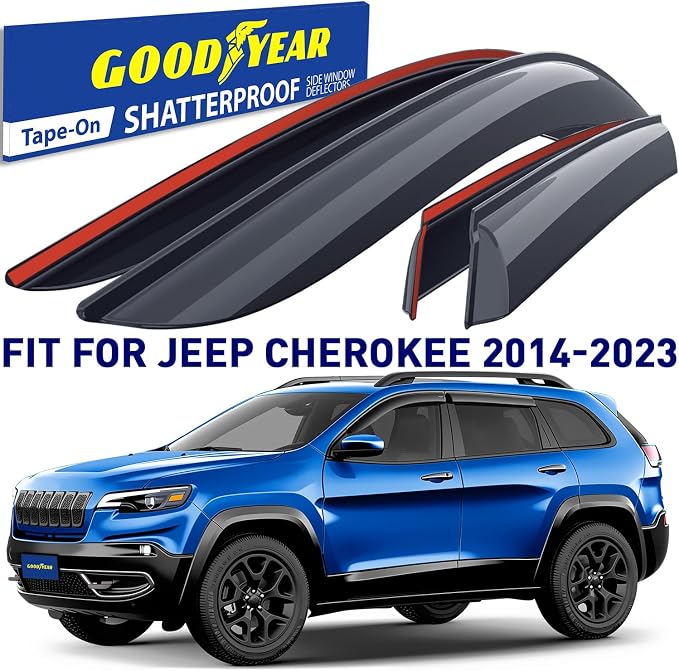 Goodyear Shatterproof Window Deflectors for Jeep Cherokee 2014-2023, Tape-on Rain Guards, Window Visors, Vent Deflector Visor, Car Accessories, 4 pcs. - GY008804