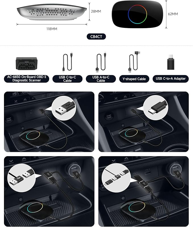 Wireless Carplay Adapter - Magic AI Box CarPlay Android Auto Wireless, Dual Wi-Fi & BT USB Playback, AI-Powered, OTA, Video Box for YouTube, Netflix, CB4CT-BK