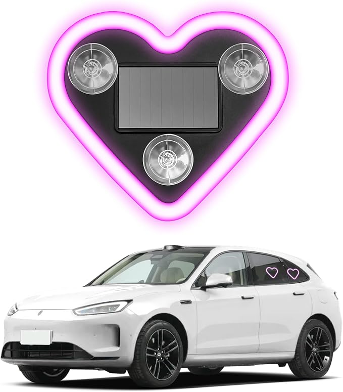 Heart-Shaped LED Neon Light | Solar and USB Rechargeable | 1 Pack Pink Car Interior Lights with Suction Cups | 40 High-Brightness LEDs Car Ambient Light, 5 Modes