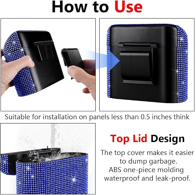 Car Trash Can with Lid, Mini Vehicle Trash Bin Car Dustbin Garbage Organizer,Bling Crystal Automotive Garbage Can Bin Trash Container for Auto Cars, Home, Office,Deep Blue