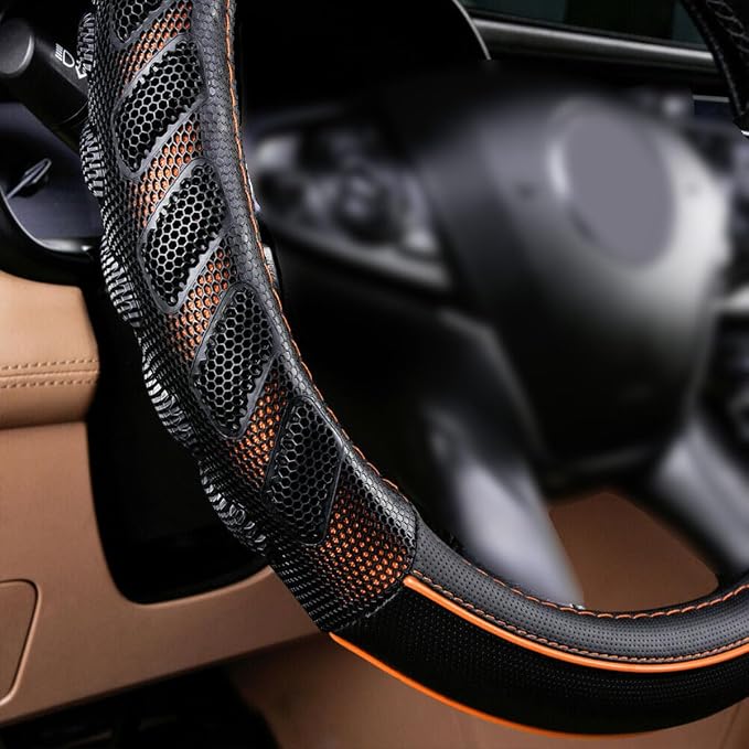car Steering Wheel Cover Faux Leather Massage Universal fit 3D Honeycomb Hole Anti-Slip Sporty 15 Inches (Orange Black)