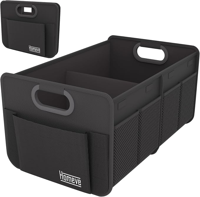 Car Trunk Organizer for SUV, Small Compact Size No-Sag Heavy Duty, 7 Pockets Foldable Waterproof Anti-Slip Storage, Fit Sedan, Truck, Front Seat, Universal Car Accessories, Black, 2 Compart