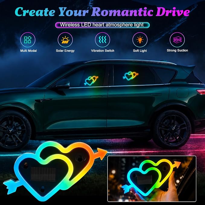 Solar Heart Car Window Light LED Heart-Shaped Ambient Lights 8 Modes 1PC | USB + Solar Assist Power, Color Changing 8 Modes Cupid's Heart-shaped Lights, Rainbow Window Decorative Suction Cup Install