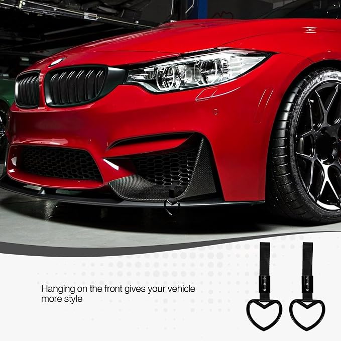 2PCS Heart Shaped Car Handle Straps, Rear Bumper Warning Keychain Ring for Car Exterior Accessories (Black-Silver)