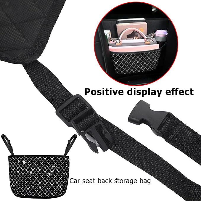 Bling Car Net Pocket Handbag Holder, Rhinestone Vehicle Backseat Purse Organizer Between Seats, Diamond Hanging Storage Bag Barrier of Pet Kids, Universal Automotive Accessories (White)