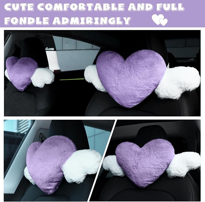 2 Pcs Plush Heart Shaped Pillow with Angel Wings Car Headrest Soft Comfortable Seat Pillow for Driving Travelling Room Office Car Decor, 19.7 x 8.3 Inch(Purple)
