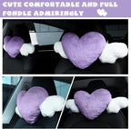 2 Pcs Plush Heart Shaped Pillow with Angel Wings Car Headrest Soft Comfortable Seat Pillow for Driving Travelling Room Office Car Decor, 19.7 x 8.3 Inch(Purple)