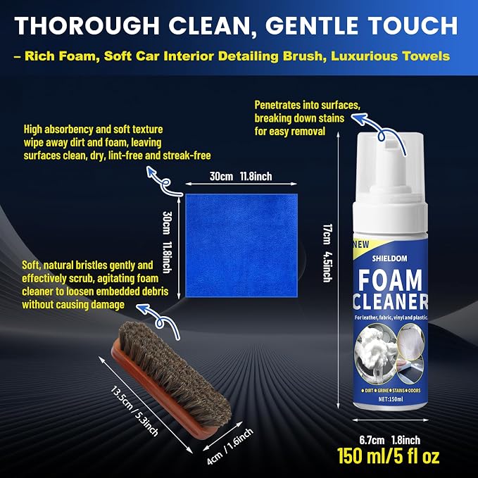 Car Interior Foam Cleaner Multifunctional Car Seat Cleaner Powerful Carpet Upholstery Stain Remover Kit with Detailing Brush & Towel Safe for Cloth, Leather, Fabric, Vinyl & Plastic 5oz