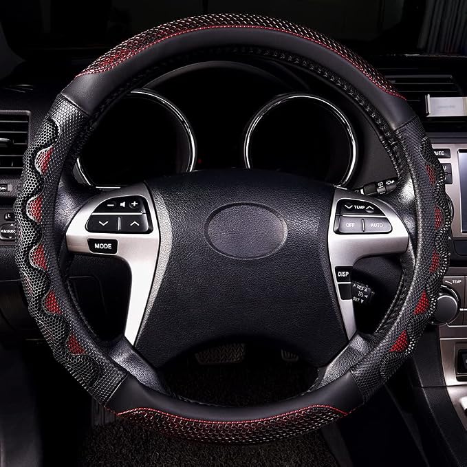 car Steering Wheel Cover Faux Leather Massage Universal fit 3D Honeycomb Hole Anti-Slip Sporty 15 Inches (Red with Black)
