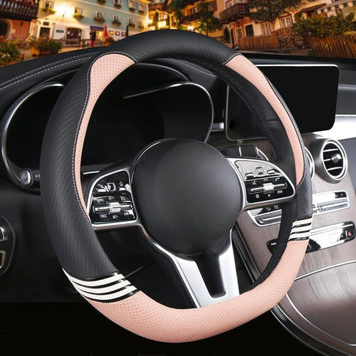 14 inch Cute D Shaped Steering Wheel Cover for Women Men Faux Leather and Carbon Fiber,Black and Pink