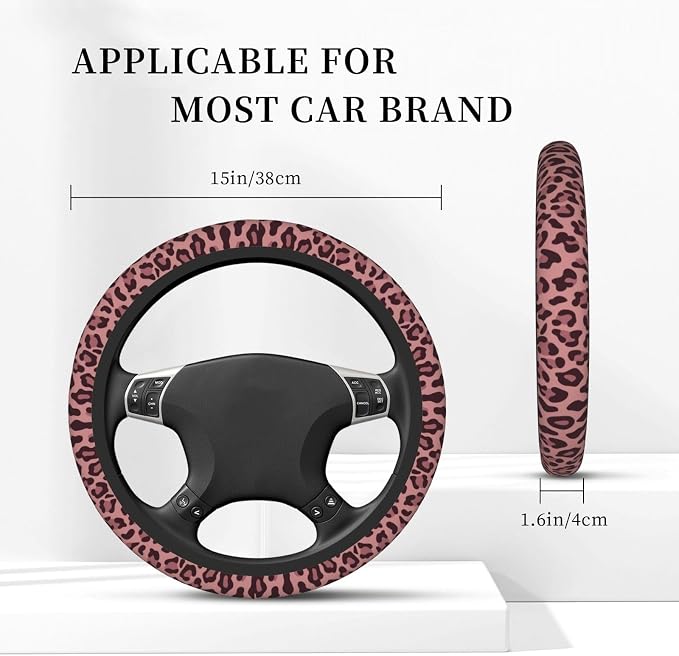 Red Leopard Print Steering Wheel Cover for Women, Steering Wheel Covers with Anti-Slip Lining, Universal 14.5-15 inchs Car Interior Accessories with 2PCS Car Coasters Suitable for Men and Women