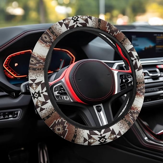 Southwest Aztec Navajo Brown Auto Steering Wheel Cover Universal 15 Inch Anti-Slip Neoprene Southwest Tribal Car Steering Wheel Protector for Women Men