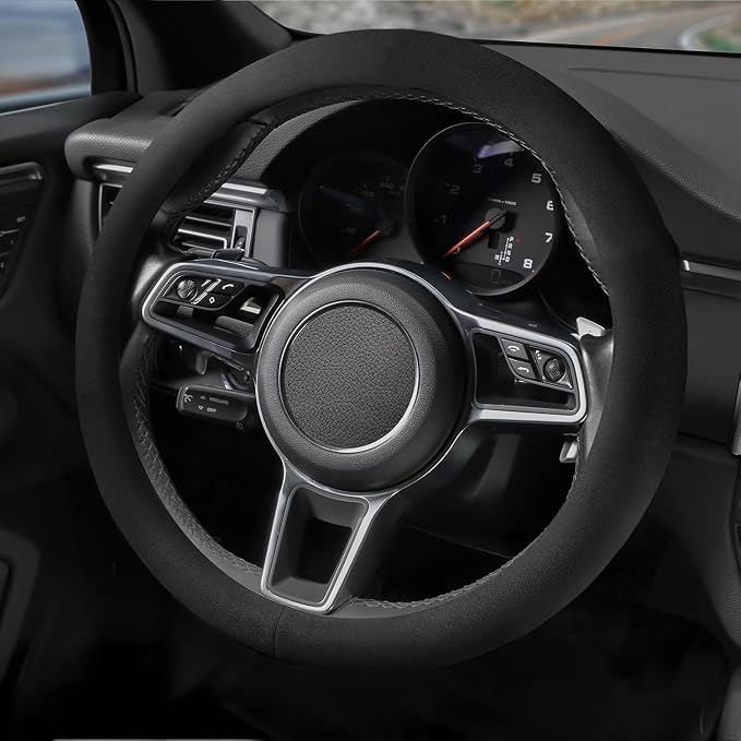 Suede Steering Wheel Cover with Upgraded Silicone Inner Ring, Anti Heat, Breathable, Anti-Slip, Leather Universal 14.5 to 15 inch Steering Wheel Cover (Pure Black)